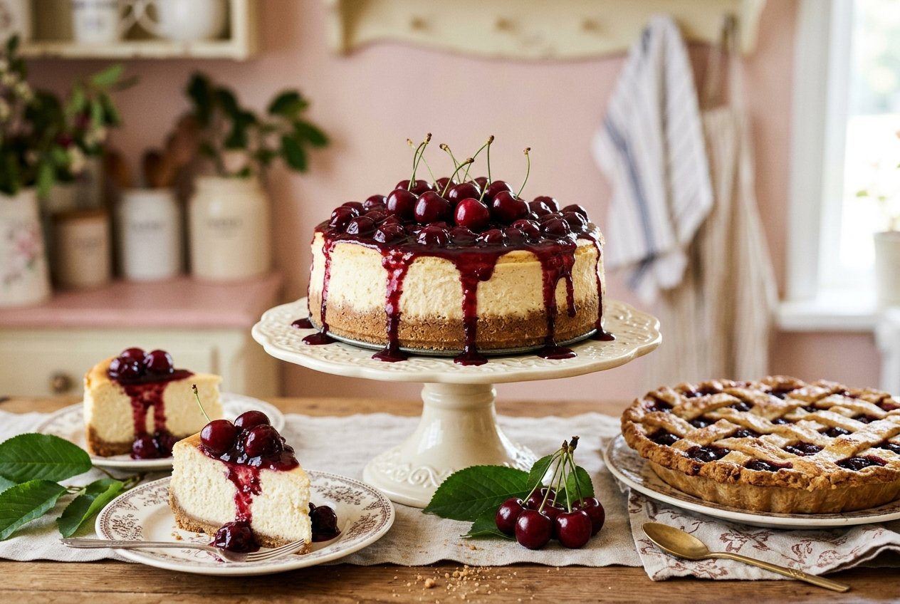 A cherry-topped cheesecake on a cake stand with cherry cheesecake slices and a cherry pie